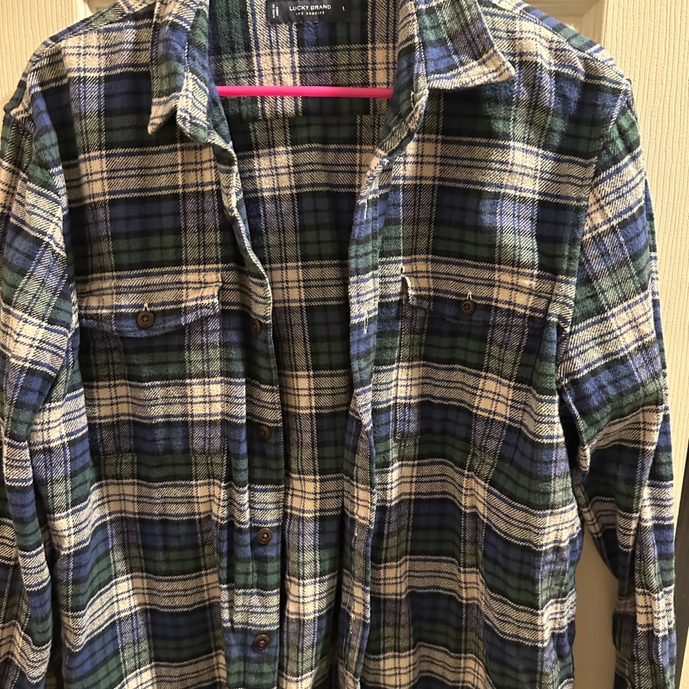Lucky Brand Men's Casual Plaid Shirt - Green, Blue, and White